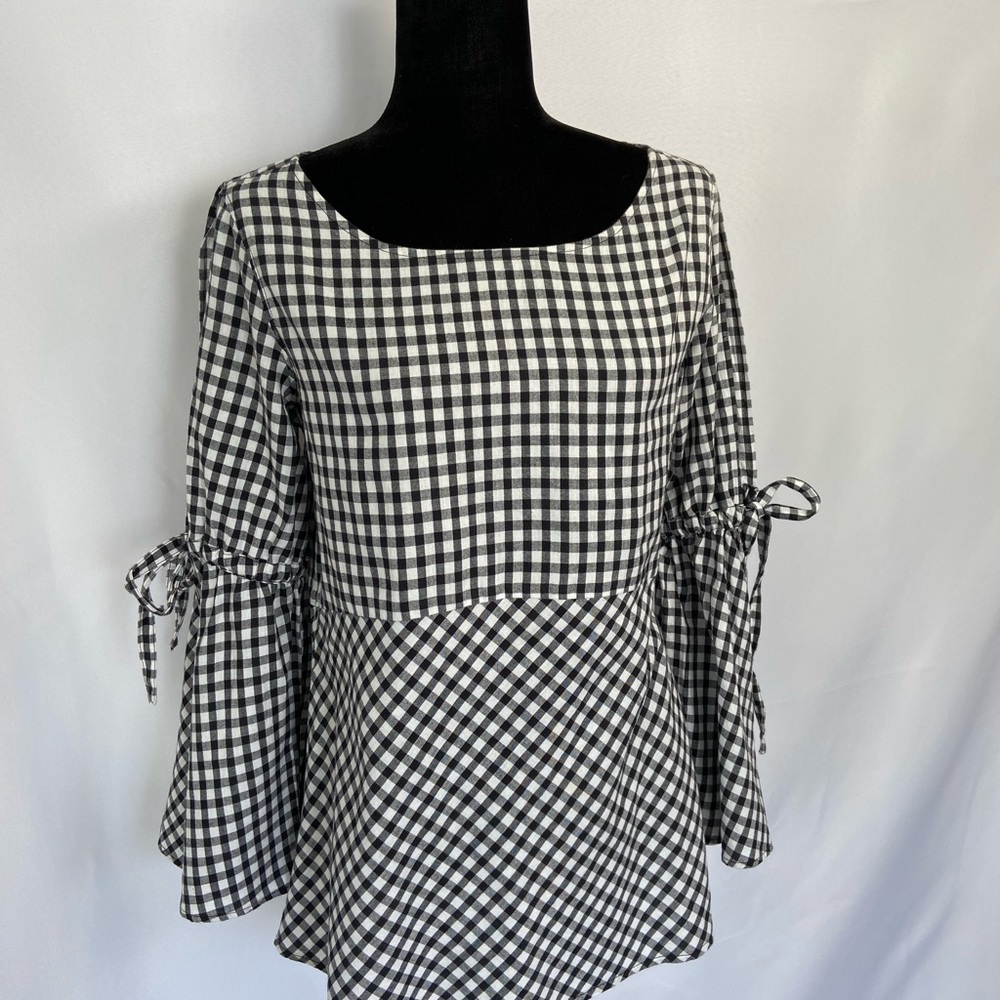 Loft Black White Gingham Check Print Top Long Slit Bell Sleeves Blouse Size S